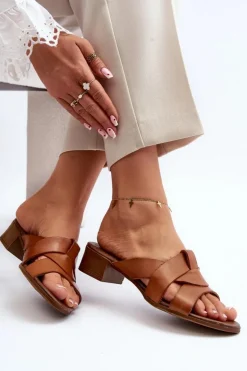 Discount Zazoo 40236 Skórzane Klapki Damskie Na Niskim Obcasie Brązowe