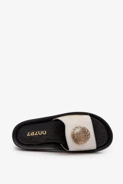 Discount Zazoo 2920 Skórzane Klapki Damskie Na Koturnie Ze Złotym Detalem Złoty Przecierany