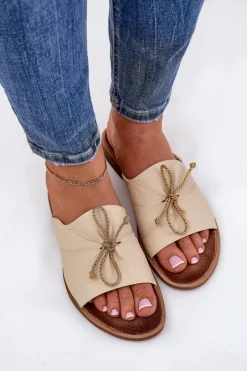 Damskie Zazoo 2659 Skórzane Klapki Damskie Beżowe