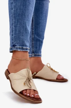 Damskie Zazoo 2659 Skórzane Klapki Damskie Beżowe