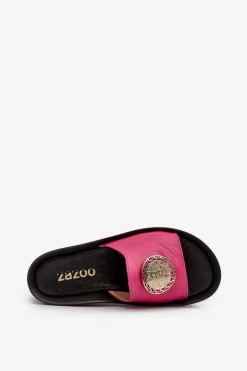 Sale Zazoo 2920 Skórzane Klapki Damskie Na Koturnie Ze Złotym Detalem Fuksja
