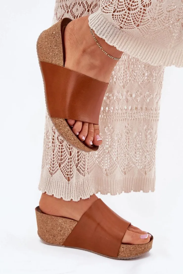 Zazoo Klapki Na Koturnie|Klapki Korkowe*40291 Skórzane Klapki Damskie Na Korkowym Koturnie Brązowe