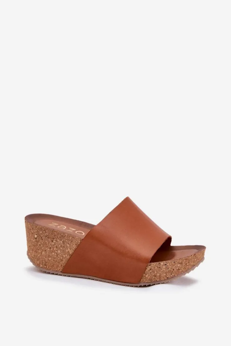 Zazoo Klapki Na Koturnie|Klapki Korkowe*40291 Skórzane Klapki Damskie Na Korkowym Koturnie Brązowe