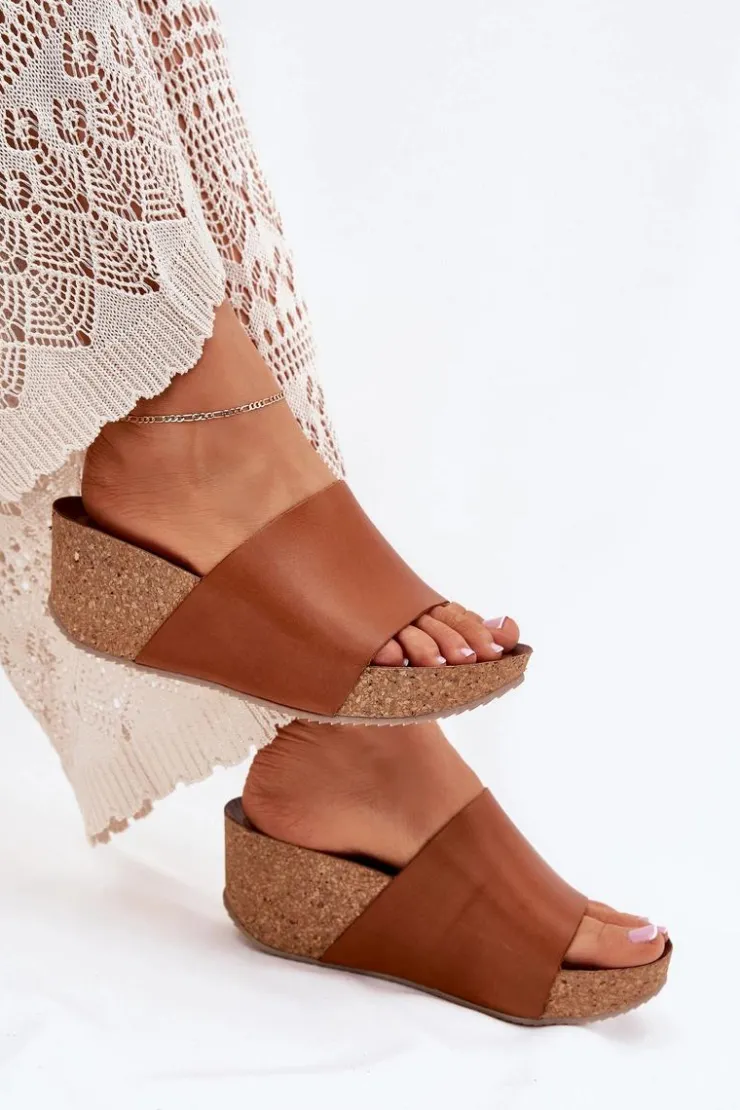 Zazoo Klapki Na Koturnie|Klapki Korkowe*40291 Skórzane Klapki Damskie Na Korkowym Koturnie Brązowe