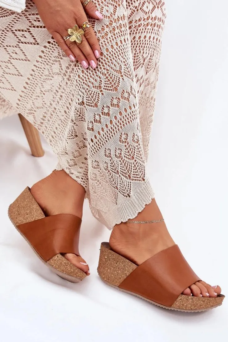 Zazoo Klapki Na Koturnie|Klapki Korkowe*40291 Skórzane Klapki Damskie Na Korkowym Koturnie Brązowe