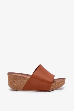 Zazoo Klapki Na Koturnie|Klapki Korkowe*40291 Skórzane Klapki Damskie Na Korkowym Koturnie Brązowe