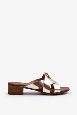 Clearance Zazoo 40236 Skórzane Klapki Damskie Na Niskim Obcasie Złote Złoty