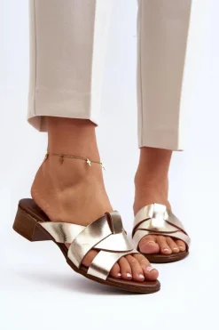 Clearance Zazoo 40236 Skórzane Klapki Damskie Na Niskim Obcasie Złote Złoty