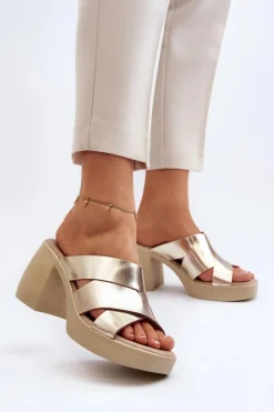 Damskie Zazoo 40373 Skórzane Klapki Na Klocku Złote