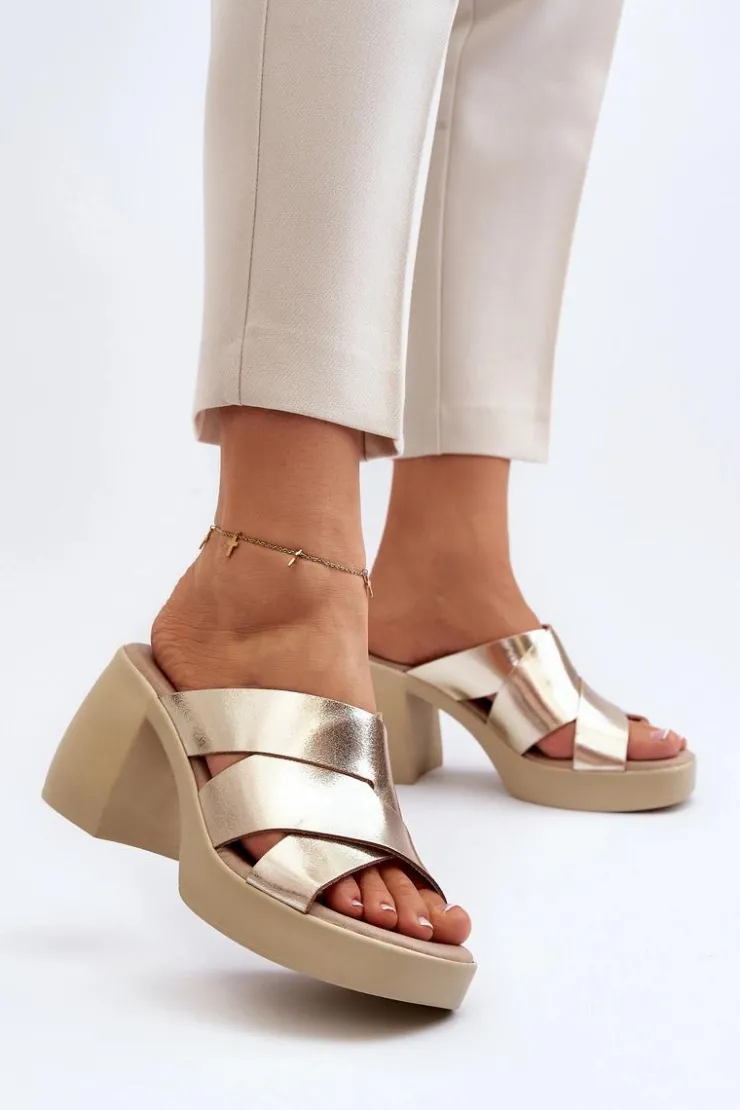 Damskie Zazoo 40373 Skórzane Klapki Na Klocku Złote