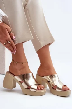 Damskie Zazoo 40373 Skórzane Klapki Na Klocku Złote