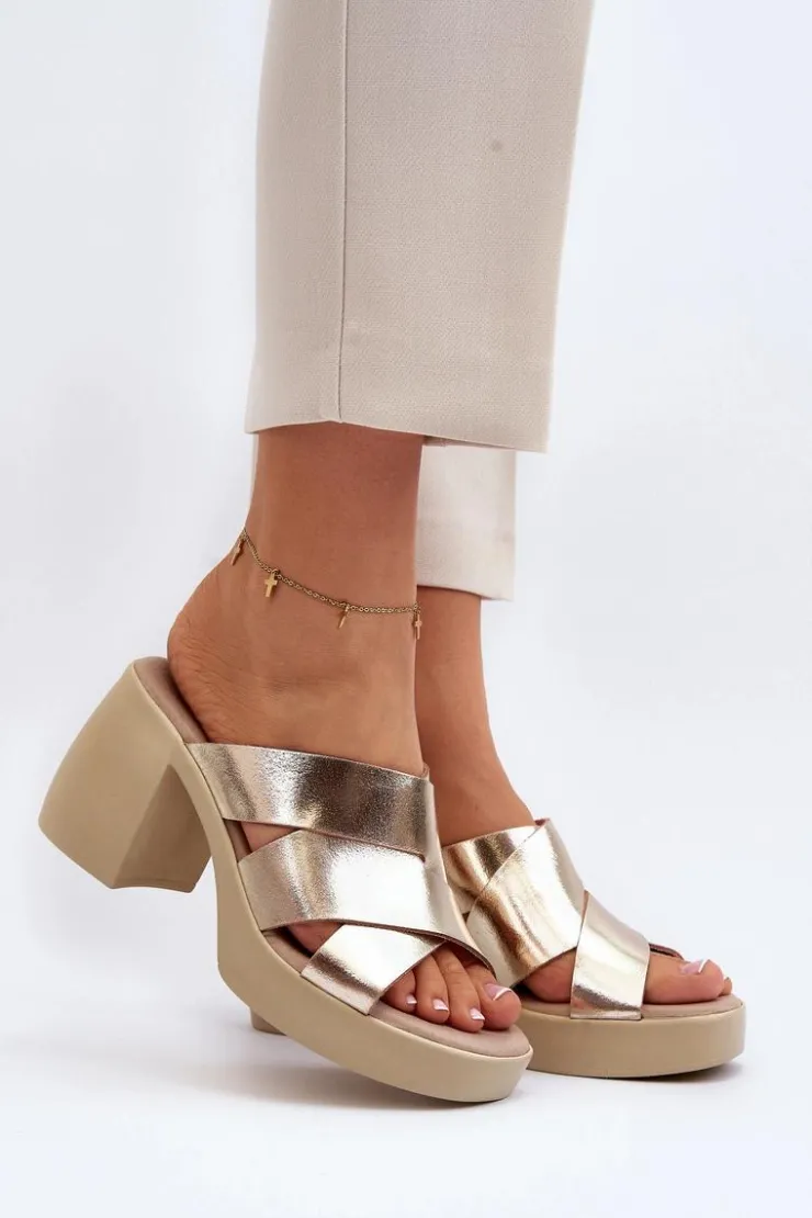 Damskie Zazoo 40373 Skórzane Klapki Na Klocku Złote