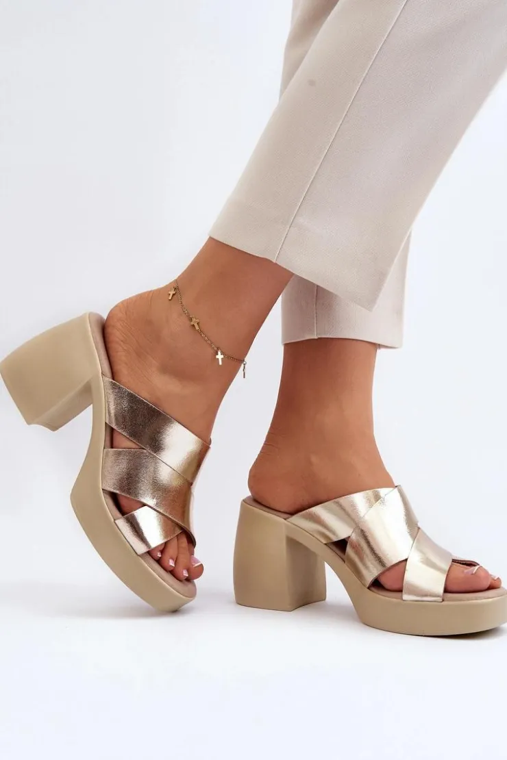 Damskie Zazoo 40373 Skórzane Klapki Na Klocku Złote