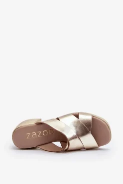 Damskie Zazoo 40373 Skórzane Klapki Na Klocku Złote