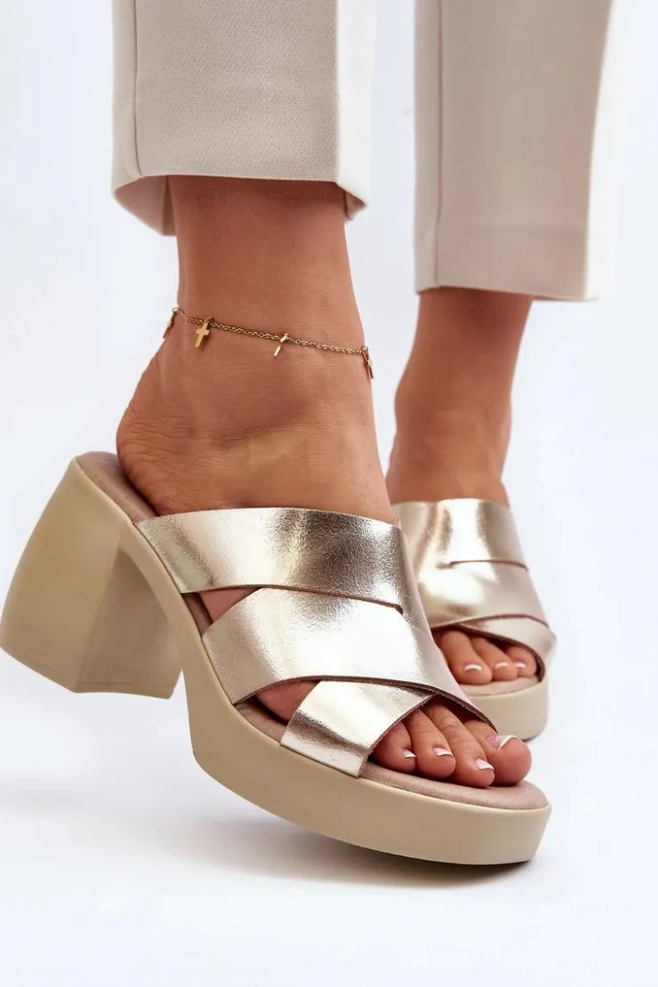 Damskie Zazoo 40373 Skórzane Klapki Na Klocku Złote