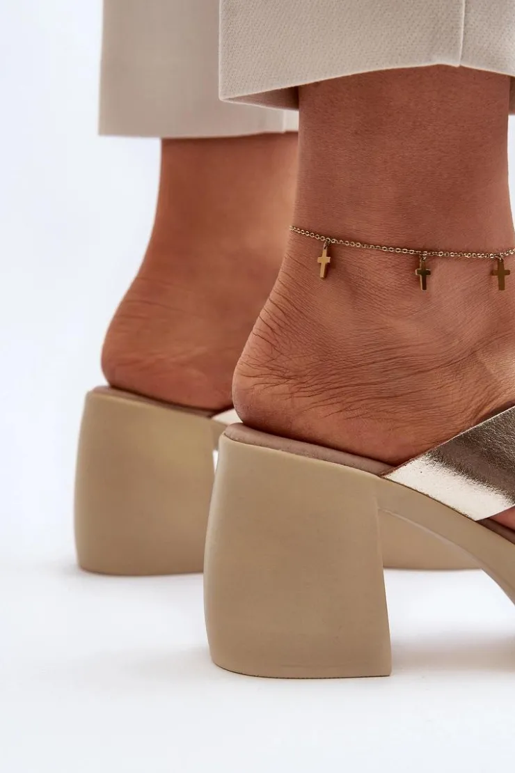 Damskie Zazoo 40373 Skórzane Klapki Na Klocku Złote