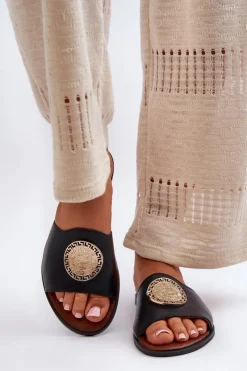 Zazoo Klapki Damskie Klasyczne*2938 Skórzane Klapki Na Płaskim Obcasie Z Ozdobą Czarne Czarny