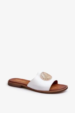Best Zazoo 2938 Skórzane Klapki Na Płaskim Obcasie Z Ozdobą Białe Biały