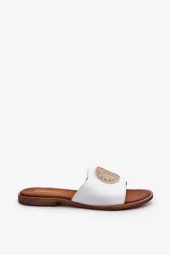 Best Zazoo 2938 Skórzane Klapki Na Płaskim Obcasie Z Ozdobą Białe Biały
