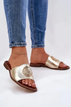 Zazoo Klapki Damskie Klasyczne*2938 Skórzane Klapki Na Płaskim Obcasie Z Ozdobą Złote Złoty