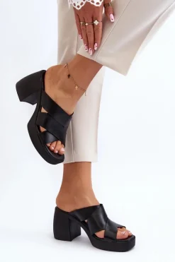 Discount Zazoo 40373 Skórzane Klapki Na Klocku Czarne Czarny