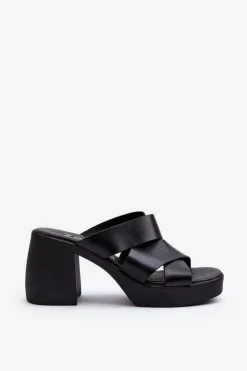 Discount Zazoo 40373 Skórzane Klapki Na Klocku Czarne Czarny