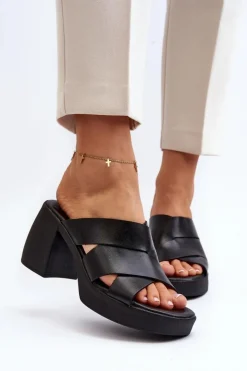 Discount Zazoo 40373 Skórzane Klapki Na Klocku Czarne Czarny