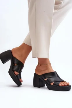 Discount Zazoo 40373 Skórzane Klapki Na Klocku Czarne Czarny