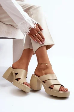 Zazoo Klapki Na Obcasie|Klapki Damskie Klasyczne*40373 Skórzane Klapki Na Klocku Beżowe Beżowy