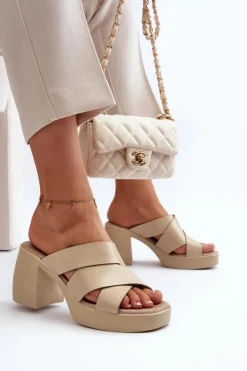 Zazoo Klapki Na Obcasie|Klapki Damskie Klasyczne*40373 Skórzane Klapki Na Klocku Beżowe Beżowy