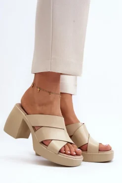 Zazoo Klapki Na Obcasie|Klapki Damskie Klasyczne*40373 Skórzane Klapki Na Klocku Beżowe Beżowy