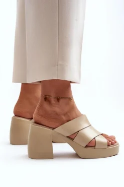 Zazoo Klapki Na Obcasie|Klapki Damskie Klasyczne*40373 Skórzane Klapki Na Klocku Beżowe Beżowy