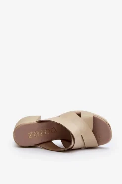 Zazoo Klapki Na Obcasie|Klapki Damskie Klasyczne*40373 Skórzane Klapki Na Klocku Beżowe Beżowy