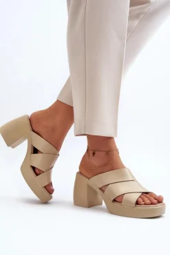 Zazoo Klapki Na Obcasie|Klapki Damskie Klasyczne*40373 Skórzane Klapki Na Klocku Beżowe Beżowy