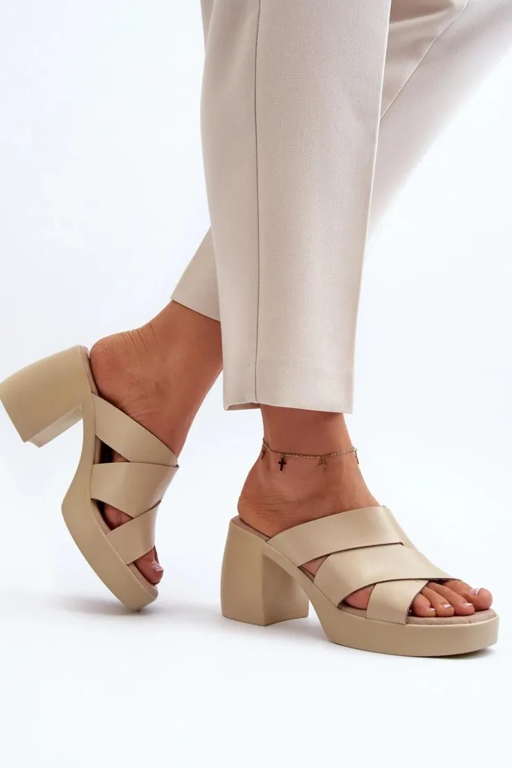 Zazoo Klapki Na Obcasie|Klapki Damskie Klasyczne*40373 Skórzane Klapki Na Klocku Beżowe Beżowy