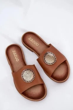 Outlet Zazoo 2938 Skórzane Klapki Na Płaskim Obcasie Z Ozdobą Camel Brązowy