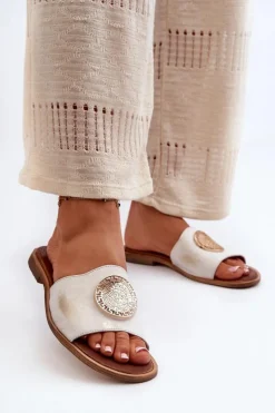 Damskie Zazoo 2938 Skórzane Klapki Na Płaskim Obcasie Z Ozdobą Złote Przecierane