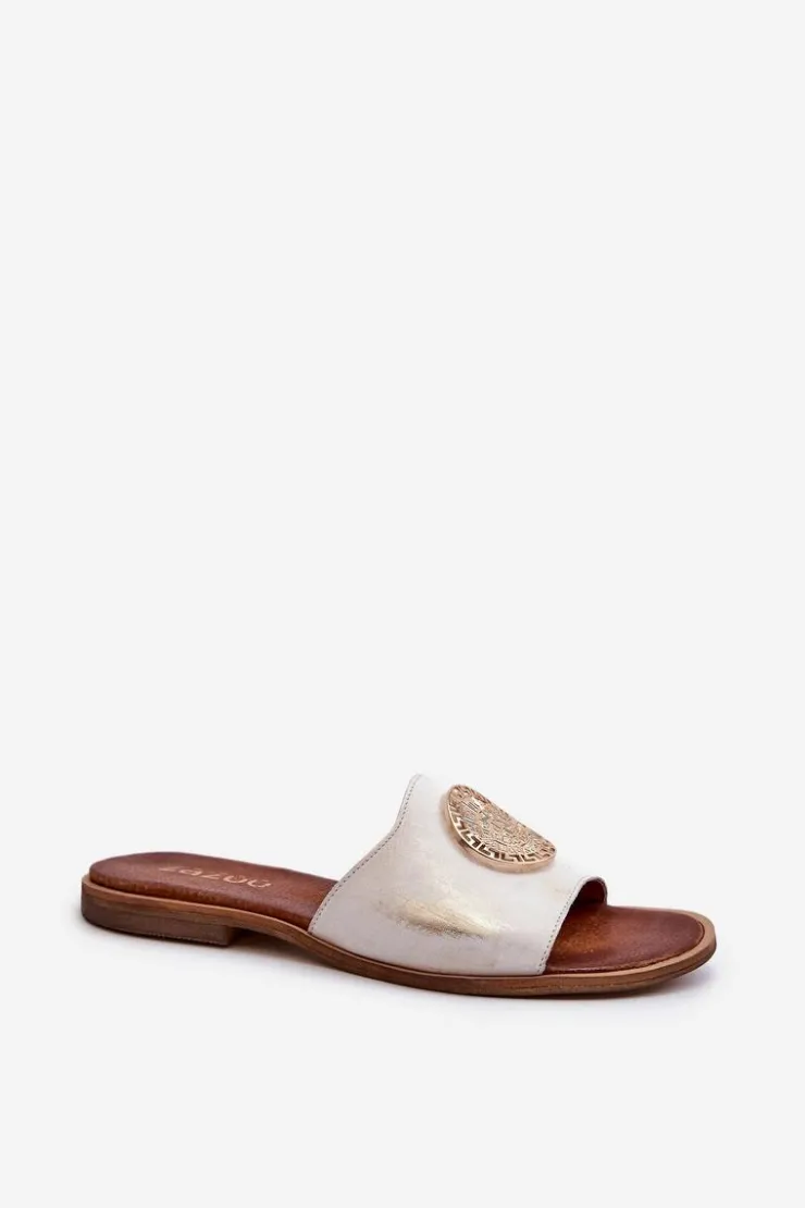 Damskie Zazoo 2938 Skórzane Klapki Na Płaskim Obcasie Z Ozdobą Złote Przecierane