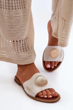 Damskie Zazoo 2938 Skórzane Klapki Na Płaskim Obcasie Z Ozdobą Złote Przecierane