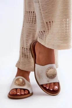 Damskie Zazoo 2938 Skórzane Klapki Na Płaskim Obcasie Z Ozdobą Złote Przecierane