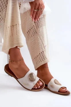 Damskie Zazoo 2938 Skórzane Klapki Na Płaskim Obcasie Z Ozdobą Złote Przecierane