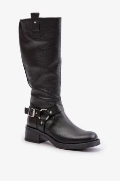 Zazoo Kozaki Ocieplane|Kozaki Płaskie*70141 Skórzane Kozaki Damskie Przed Kolano Czarne Czarny