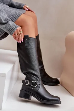 Zazoo Kozaki Ocieplane|Kozaki Płaskie*70141 Skórzane Kozaki Damskie Przed Kolano Czarne Czarny