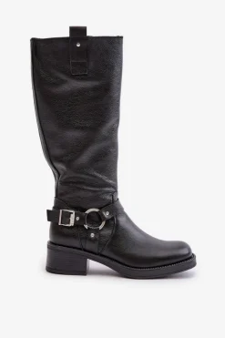 Zazoo Kozaki Ocieplane|Kozaki Płaskie*70141 Skórzane Kozaki Damskie Przed Kolano Czarne Czarny