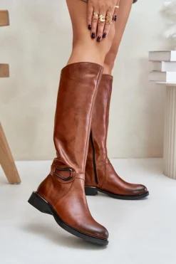 Damskie Zazoo 70140 Skórzane Kozaki Damskie Przed Kolano Ocieplane Brązowe