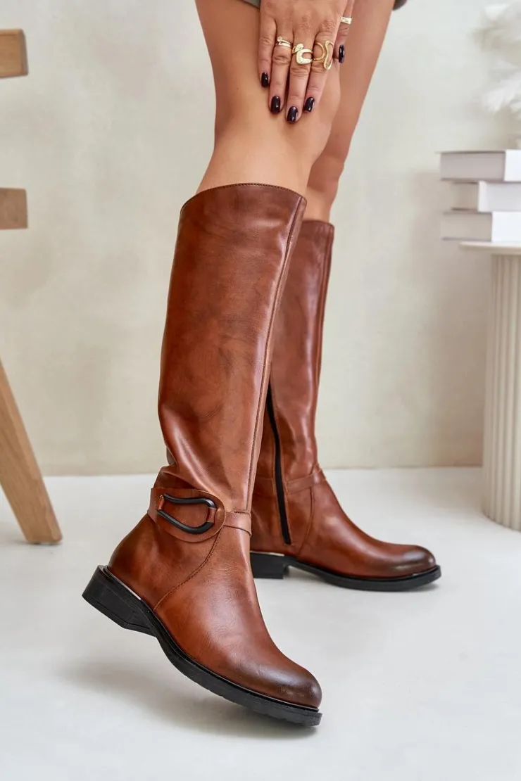 Damskie Zazoo 70140 Skórzane Kozaki Damskie Przed Kolano Ocieplane Brązowe