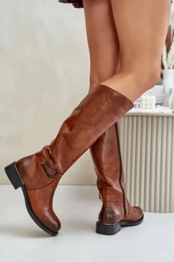 Damskie Zazoo 70140 Skórzane Kozaki Damskie Przed Kolano Ocieplane Brązowe