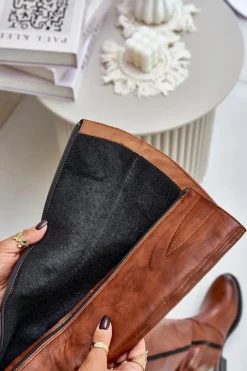 Damskie Zazoo 70140 Skórzane Kozaki Damskie Przed Kolano Ocieplane Brązowe