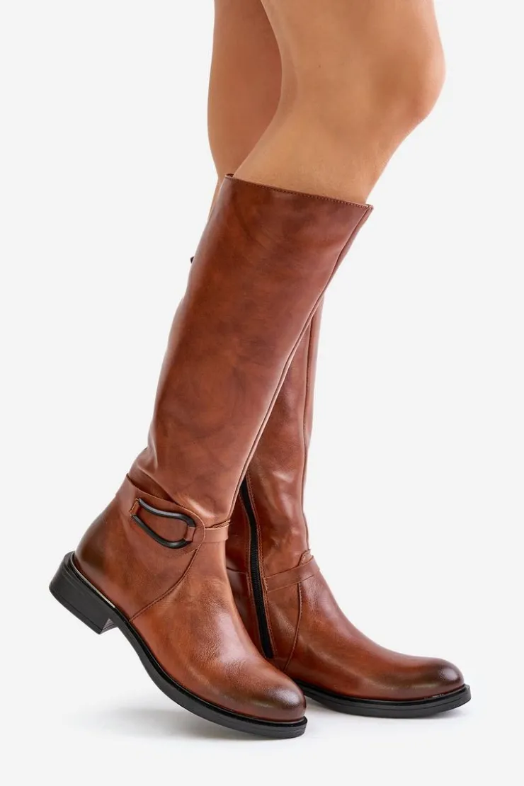 Damskie Zazoo 70140 Skórzane Kozaki Damskie Przed Kolano Ocieplane Brązowe