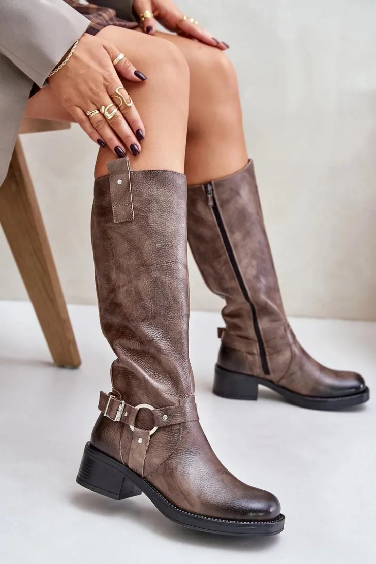 Damskie Zazoo 70141 Skórzane Kozaki Damskie Przed Kolano Brązowe